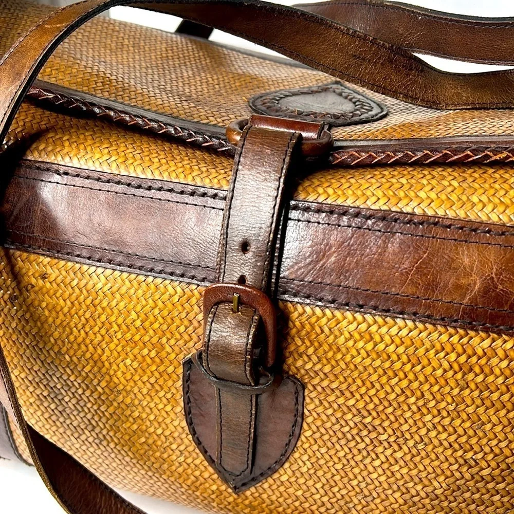Leather Tightly Woven Wicker Extra Large Double Handle Shoulder Strap Travel Bag